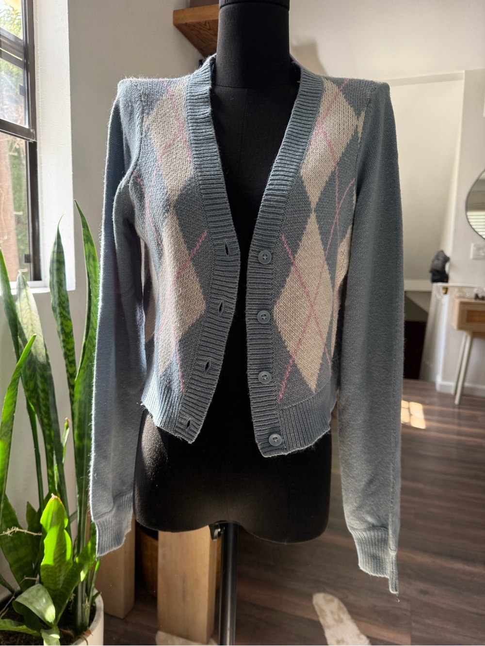 Light Blue Argyle Button-Up Women's Cardigan Sweater